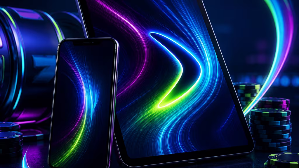 Mobile casino access scene with phone and neon Boomerang Bet colours