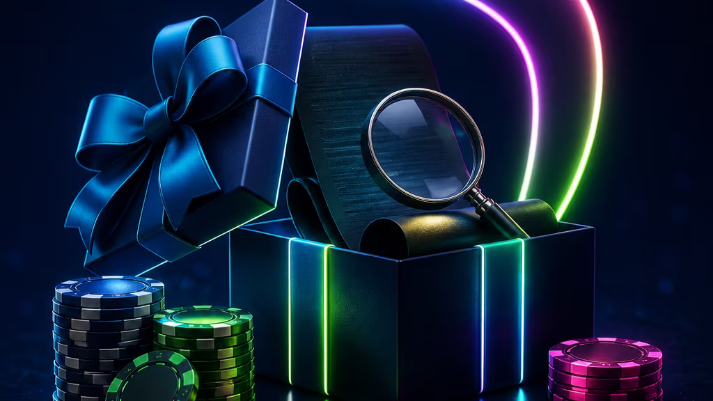 Casino bonus terms scene with gift box and neon brand accents