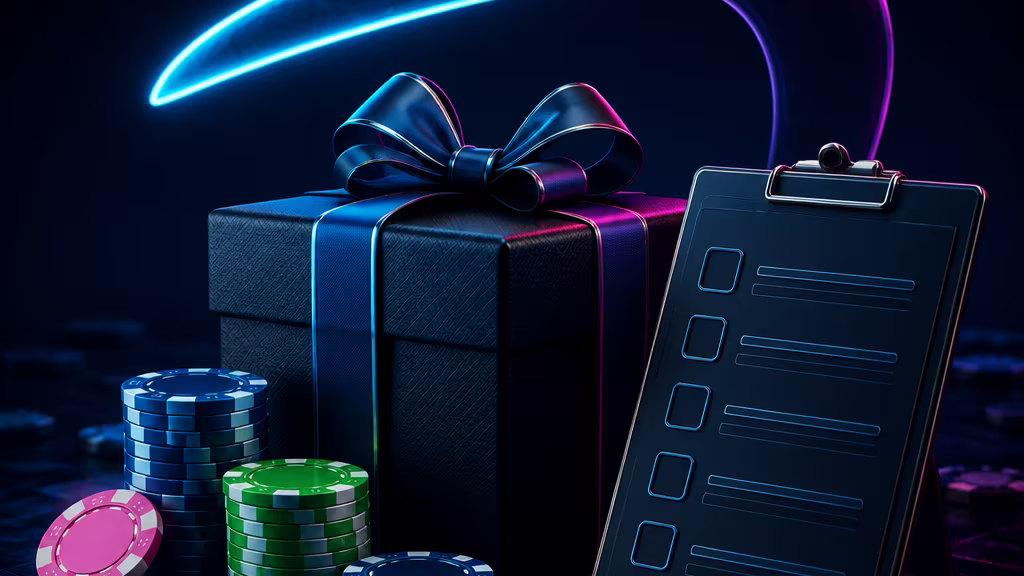No-deposit availability check scene with casino gift and neon accents