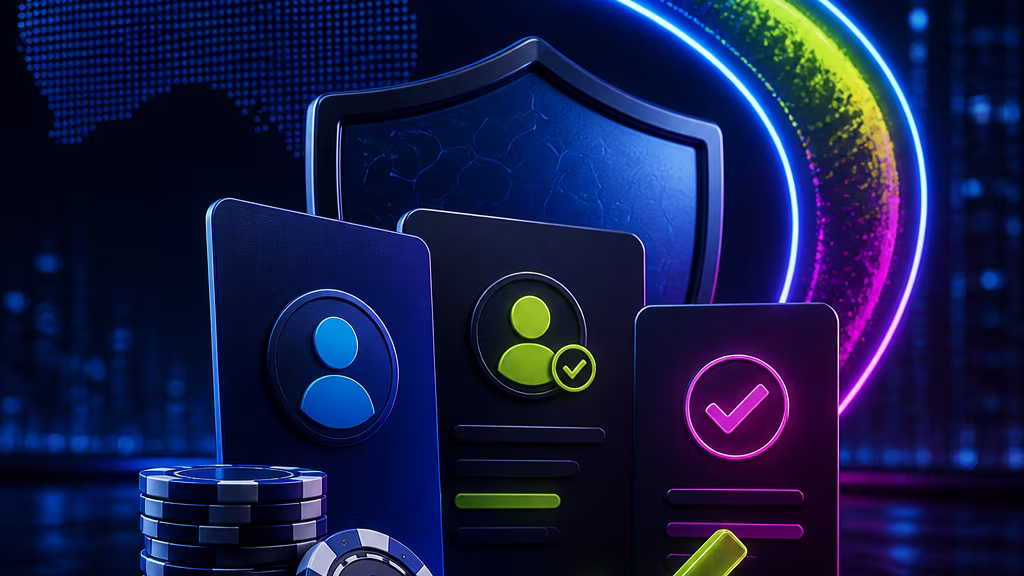 Registration check scene with layered cards and neon casino accents