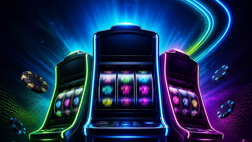 Online pokies comparison scene with slot reels and neon boomerang arc